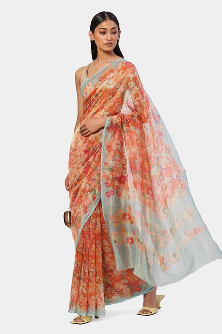 Satya Paul_Orange Cotton The Printed Dew Saree_Online_at_Aza_Fashions