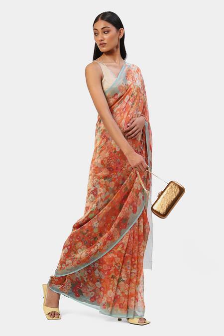 Buy_Satya Paul_Orange Cotton The Printed Dew Saree_Online_at_Aza_Fashions