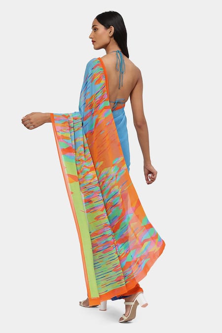 Shop Satya Paul Blue Georgette The Printed Sky Saree at Aza Fashions Shop_Satya Paul_Blue Georgette The Printed Sky Saree_at_Aza_Fashions