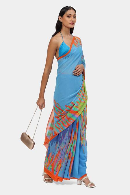 Buy Satya Paul Blue Georgette The Printed Sky Saree Online at Aza Fashions Buy_Satya Paul_Blue Georgette The Printed Sky Saree_Online_at_Aza_Fashions