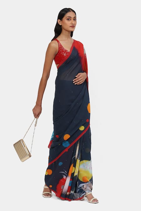 Buy Satya Paul Blue Georgette The Printed Nebula Saree Online at Aza Fashions Buy_Satya Paul_Blue Georgette The Printed Nebula Saree _Online_at_Aza_Fashions
