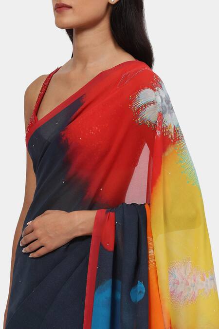 Shop Satya Paul Blue Georgette The Printed Nebula Saree Online at Aza Fashions Shop_Satya Paul_Blue Georgette The Printed Nebula Saree _Online_at_Aza_Fashions