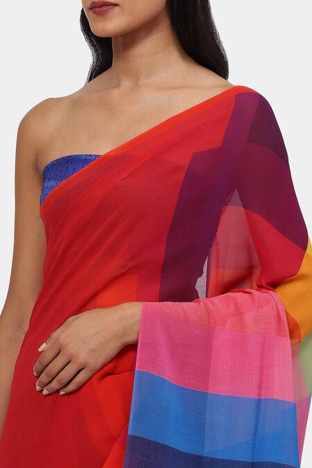 Shop_Satya Paul_Red Georgette The Printed Mars Saree_Online_at_Aza_Fashions