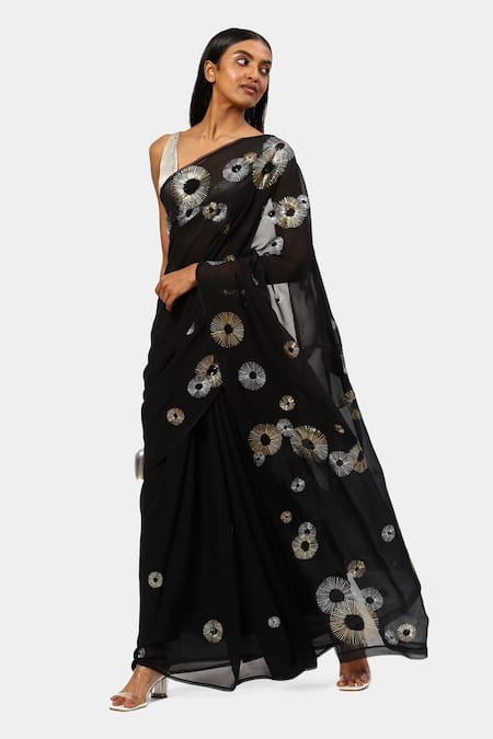 Satya Paul Black Viscose Lace, Sequins The Night Geometric Pattern Saree Online at Aza Fashions Satya Paul_Black Viscose Lace, Sequins The Night Geometric Pattern Saree _Online_at_Aza_Fashions