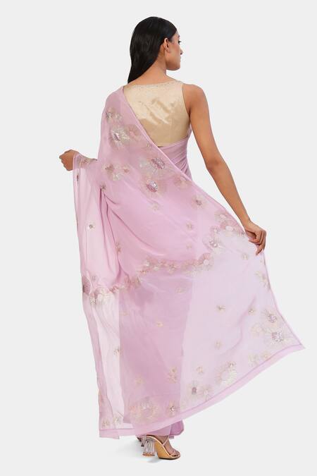 Shop_Satya Paul_Purple Silk, Georgette Sequins, Embroidery Jaipur Saree _at_Aza_Fashions