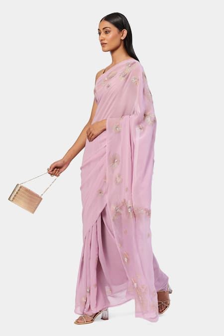 Satya Paul_Purple Silk, Georgette Sequins, Embroidery Jaipur Saree _Online_at_Aza_Fashions