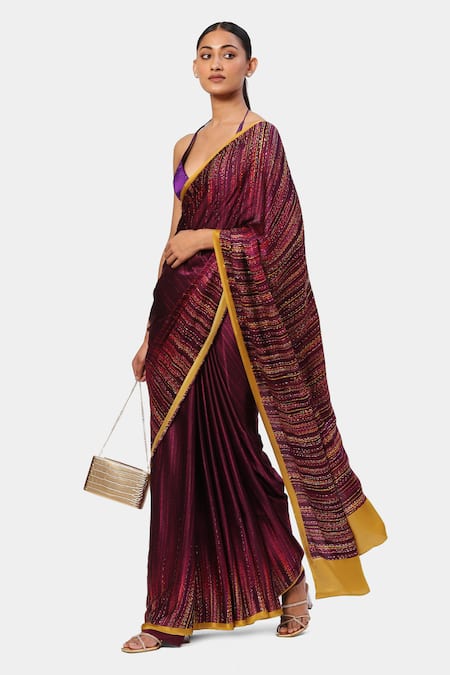 Satya Paul Maroon Georgette, Satin Crystals Vine And Shine Embroidered Saree Online at Aza Fashions Satya Paul_Maroon Georgette, Satin Crystals Vine And Shine Embroidered Saree_Online_at_Aza_Fashions