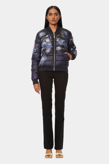 Satya Paul Blue Polyester Mandarin Collar The Reversible Rainy Day Printed Jacket 