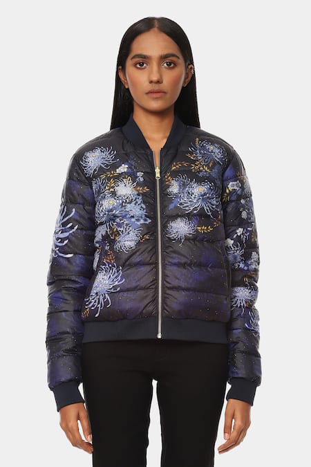 Satya Paul_Blue Polyester Mandarin Collar The Reversible Rainy Day Printed Jacket _Online_at_Aza_Fashions