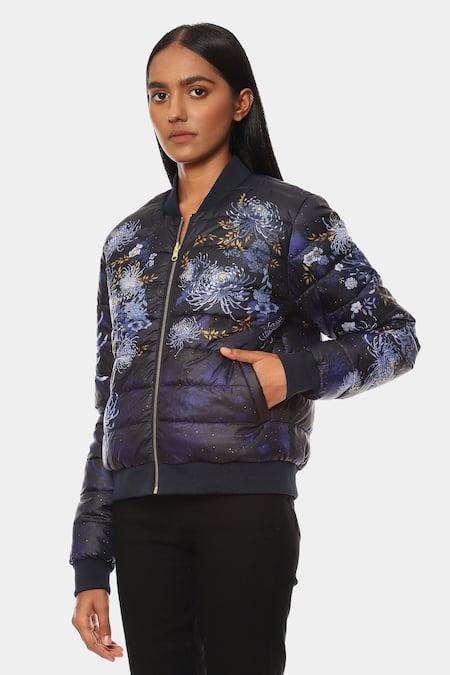 Buy_Satya Paul_Blue Polyester Mandarin Collar The Reversible Rainy Day Printed Jacket _Online_at_Aza_Fashions