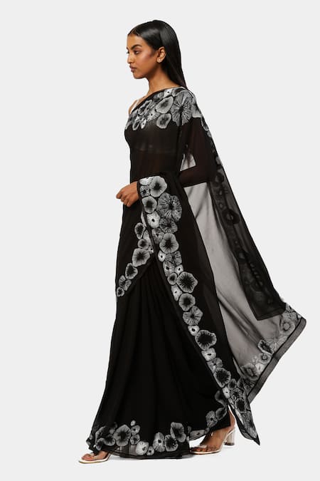 Satya Paul_Black Viscose Embroidery Border Boss Saree _Online_at_Aza_Fashions