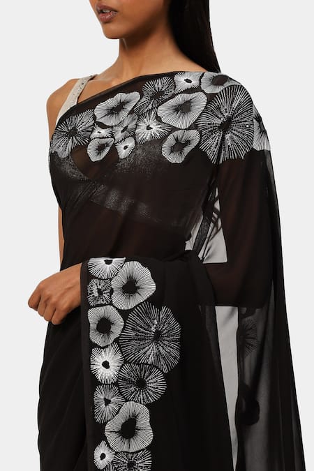 Shop_Satya Paul_Black Viscose Embroidery Border Boss Saree _Online_at_Aza_Fashions