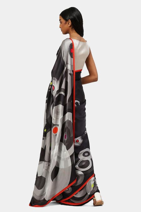 Shop Satya Paul Black Georgette Crystals Circular Print Bubbly Saree at Aza Fashions Shop_Satya Paul_Black Georgette Crystals Circular Print Bubbly Saree _at_Aza_Fashions