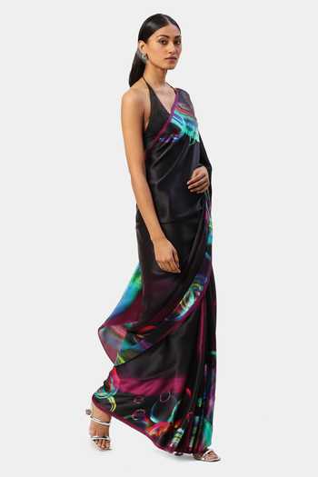 Shop_Satya Paul_Black Georgette, Satin Crystals Embellished Next Level Saree_Online_at_Aza_Fashions