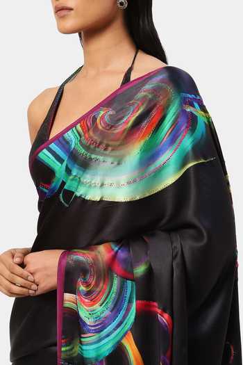Satya Paul_Black Georgette, Satin Crystals Embellished Next Level Saree_at_Aza_Fashions