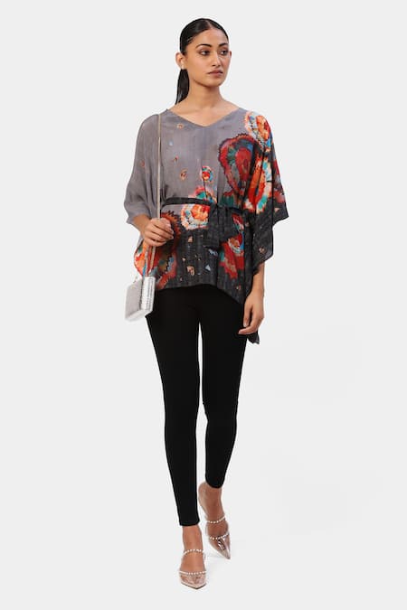 Satya Paul Black Silk, Crepe Beads, Crystals V-neck Moon Floral Print Kaftan 