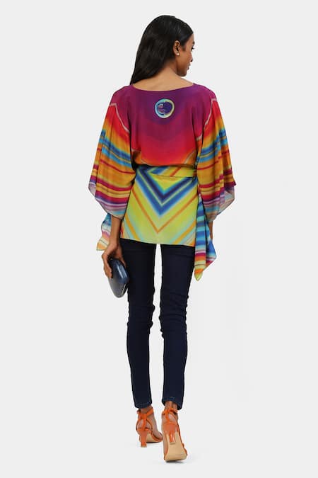 Shop_Satya Paul_Multi Color Silk Beads, Crystals V-neck Cocktail Chevron Print Kaftan _at_Aza_Fashions