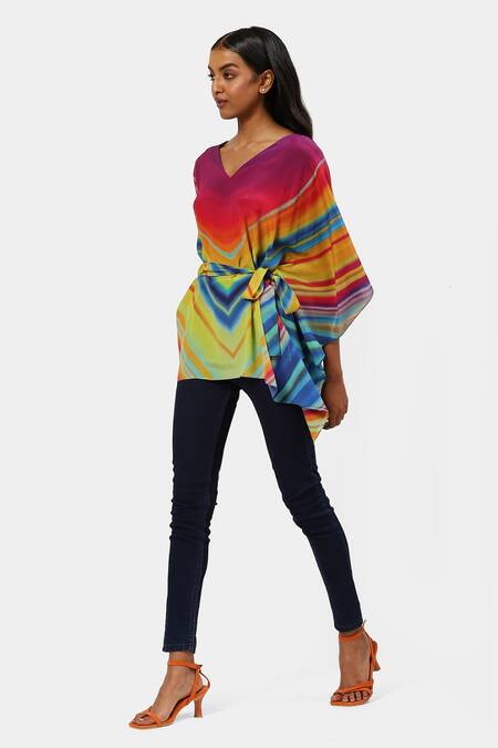 Satya Paul_Multi Color Silk Beads, Crystals V-neck Cocktail Chevron Print Kaftan _Online_at_Aza_Fashions