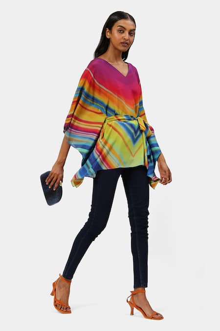 Buy_Satya Paul_Multi Color Silk Beads, Crystals V-neck Cocktail Chevron Print Kaftan _Online_at_Aza_Fashions