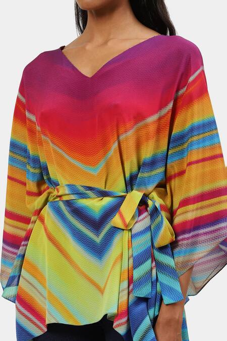 Shop_Satya Paul_Multi Color Silk Beads, Crystals V-neck Cocktail Chevron Print Kaftan _Online_at_Aza_Fashions