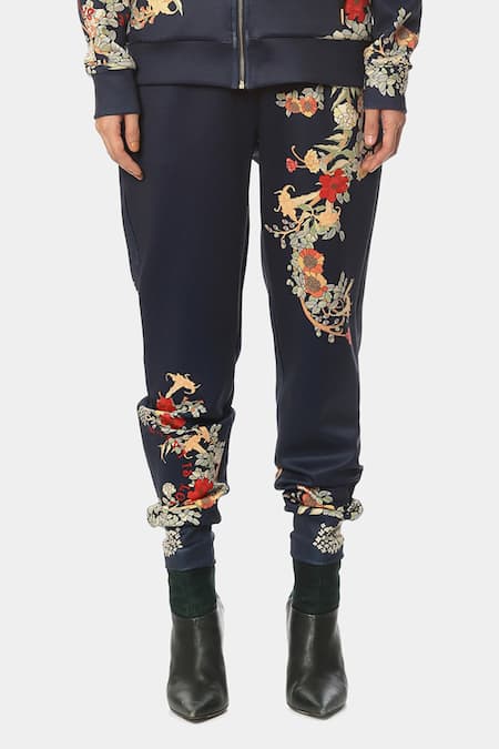 Satya Paul Blue Satin Embroidery Scuba Floral Print Joggers Online at Aza Fashions Satya Paul_Blue Satin Embroidery Scuba Floral Print Joggers _Online_at_Aza_Fashions