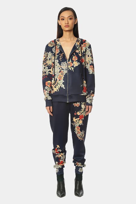 Buy Satya Paul Blue Satin Embroidery Scuba Floral Print Joggers Online at Aza Fashions Buy_Satya Paul_Blue Satin Embroidery Scuba Floral Print Joggers _Online_at_Aza_Fashions