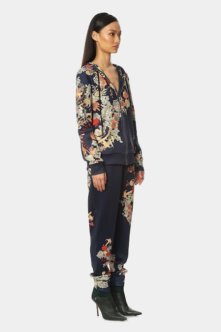 Shop Satya Paul Blue Satin Embroidery Scuba Floral Print Joggers Online at Aza Fashions Shop_Satya Paul_Blue Satin Embroidery Scuba Floral Print Joggers _Online_at_Aza_Fashions