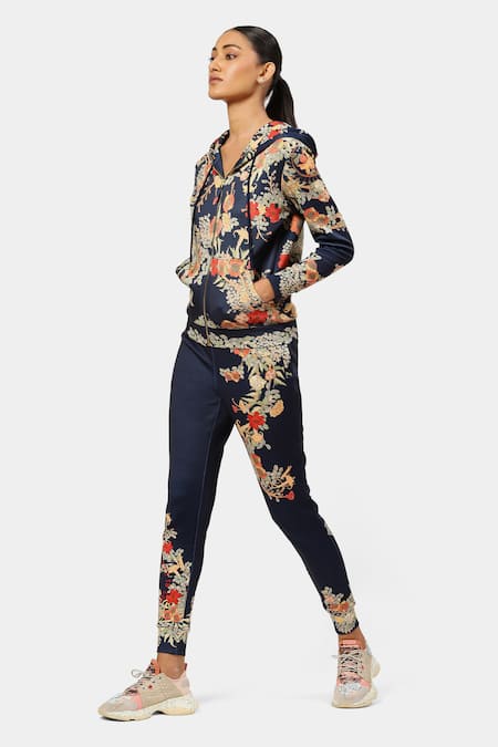 Satya Paul_Blue Embroidery The Scuba Floral Print Jacket _Online_at_Aza_Fashions