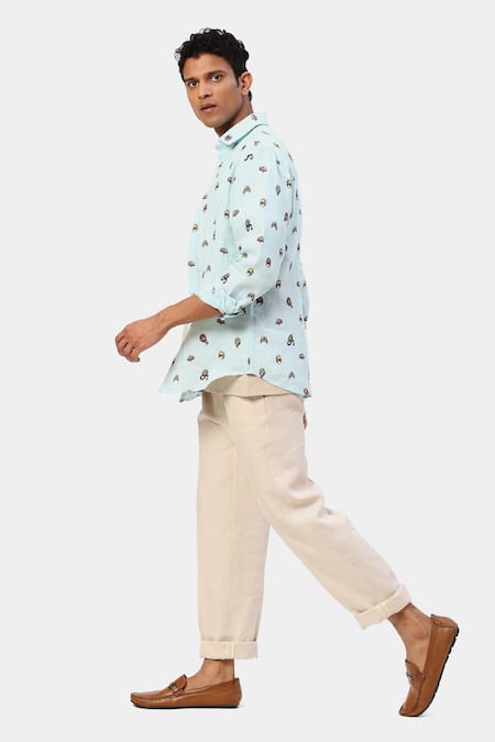 Satya Paul Beige Linen Mask Print Saturday Shirt Online at Aza Fashions Satya Paul_Beige Linen Mask Print Saturday Shirt _Online_at_Aza_Fashions
