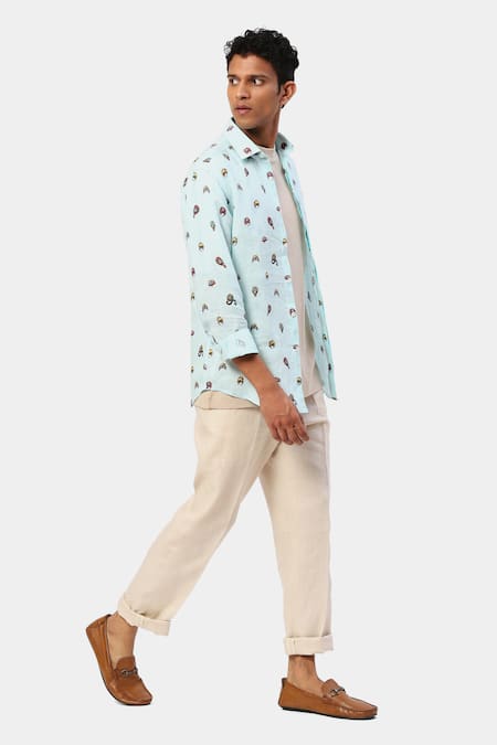 Buy Satya Paul Beige Linen Mask Print Saturday Shirt Online at Aza Fashions Buy_Satya Paul_Beige Linen Mask Print Saturday Shirt _Online_at_Aza_Fashions