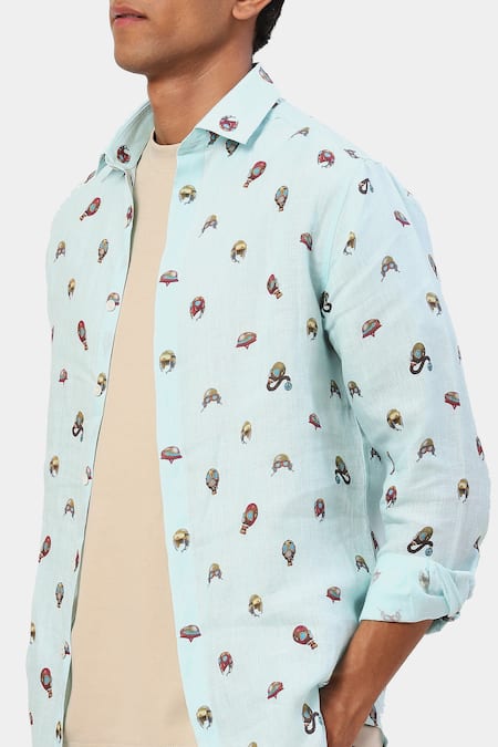 Shop Satya Paul Beige Linen Mask Print Saturday Shirt Online at Aza Fashions Shop_Satya Paul_Beige Linen Mask Print Saturday Shirt _Online_at_Aza_Fashions
