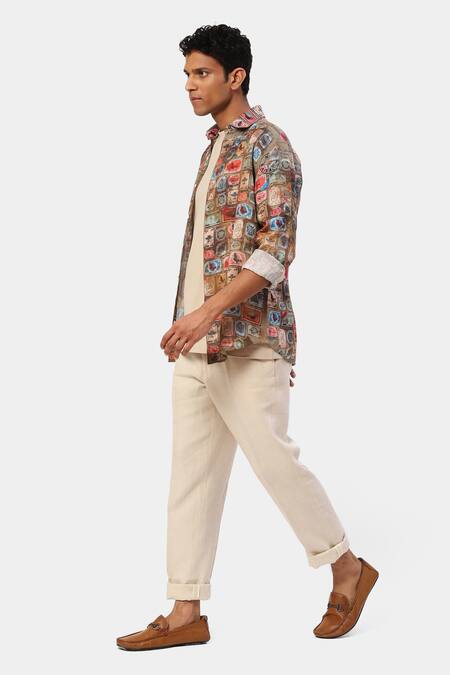 Satya Paul_Grey Linen Letter Stamp Print June Shirt_Online_at_Aza_Fashions