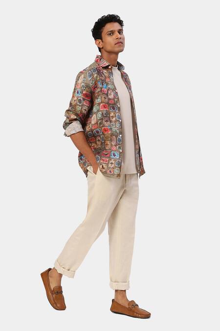 Buy_Satya Paul_Grey Linen Letter Stamp Print June Shirt_Online_at_Aza_Fashions