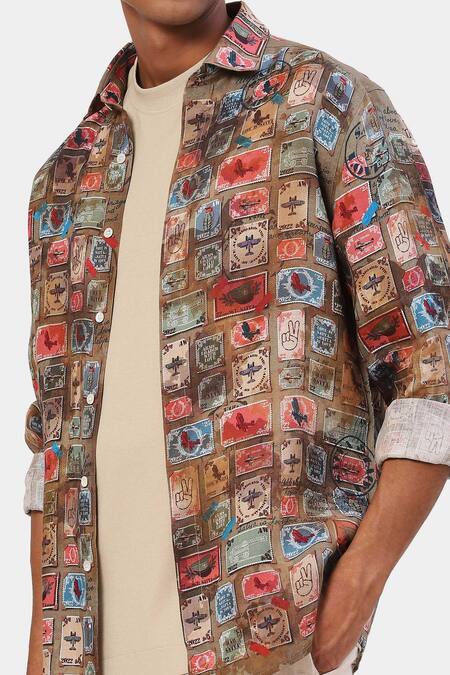 Shop_Satya Paul_Grey Linen Letter Stamp Print June Shirt_Online_at_Aza_Fashions