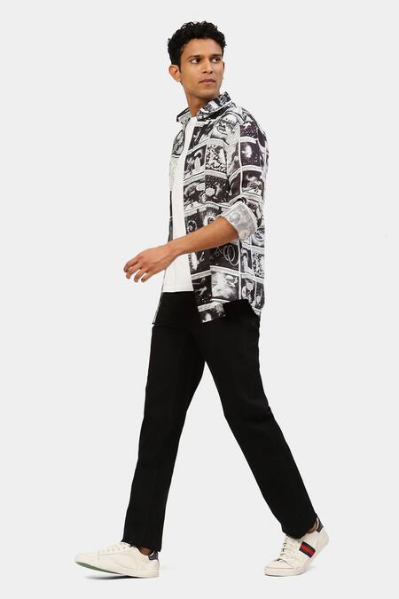 Satya Paul_Black Linen Comic Print Shirt_Online_at_Aza_Fashions