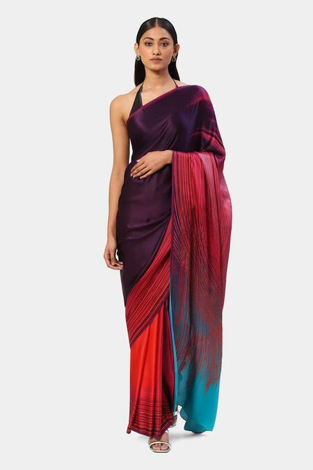Satya Paul_Orange Georgette, Satin Beads Galaxy Print Trichromatic Saree_Online_at_Aza_Fashions