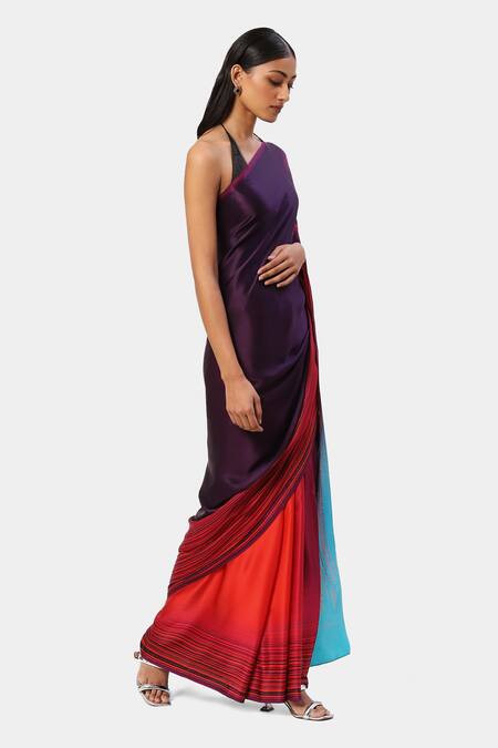 Shop_Satya Paul_Orange Georgette, Satin Beads Galaxy Print Trichromatic Saree_Online_at_Aza_Fashions