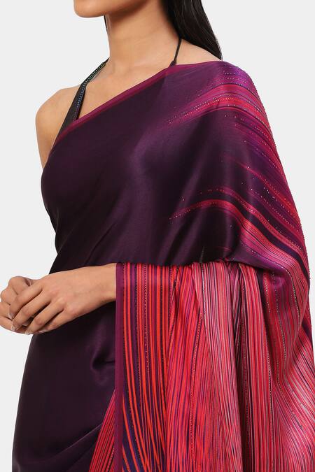 Satya Paul_Orange Georgette, Satin Beads Galaxy Print Trichromatic Saree_at_Aza_Fashions