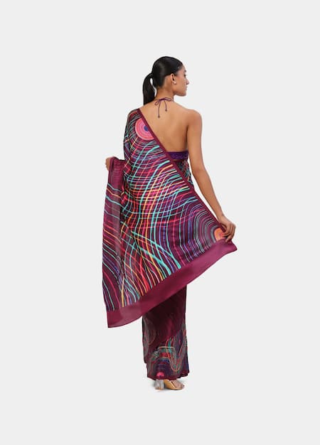Shop Satya Paul Purple Georgette, Satin Beads Cabaret Geometric Print Saree at Aza Fashions Shop_Satya Paul_Purple Georgette, Satin Beads Cabaret Geometric Print Saree _at_Aza_Fashions