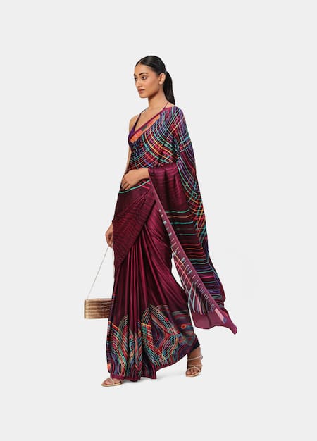 Satya Paul Purple Georgette, Satin Beads Cabaret Geometric Print Saree Online at Aza Fashions Satya Paul_Purple Georgette, Satin Beads Cabaret Geometric Print Saree _Online_at_Aza_Fashions