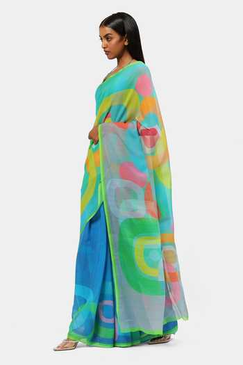 Satya Paul_Blue Chiffon Caterpillar Geometric Print Saree_Online_at_Aza_Fashions