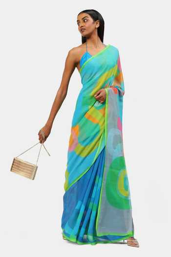 Buy_Satya Paul_Blue Chiffon Caterpillar Geometric Print Saree_Online_at_Aza_Fashions