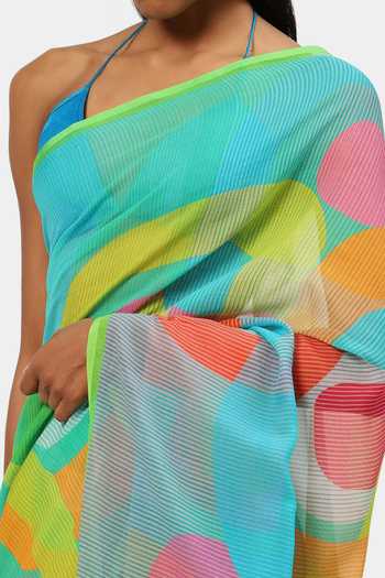 Shop_Satya Paul_Blue Chiffon Caterpillar Geometric Print Saree_Online_at_Aza_Fashions