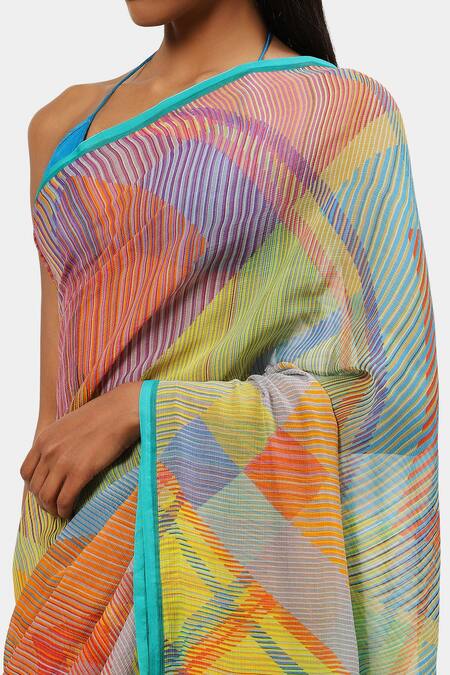 Shop_Satya Paul_Blue Chiffon Film Print Saree_Online_at_Aza_Fashions