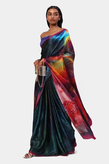Satya Paul_Green Georgette, Satin Galaxy Illusion Print Saree_Online_at_Aza_Fashions