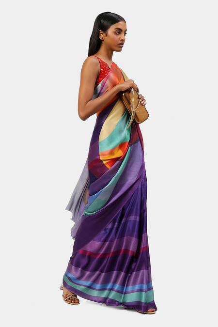 Buy_Satya Paul_Purple Georgette, Satin Fiesta Illusion Print Saree_Online_at_Aza_Fashions