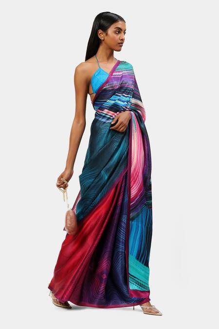 Buy_Satya Paul_Magenta Georgette, Satin Space Illusion Print Saree_Online_at_Aza_Fashions