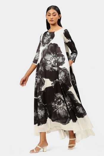 Satya Paul_White Polyester, Satin Beads Round Neck Floral Bloom Print Dress_Online_at_Aza_Fashions