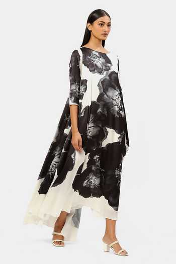 Buy_Satya Paul_White Polyester, Satin Beads Round Neck Floral Bloom Print Dress_Online_at_Aza_Fashions