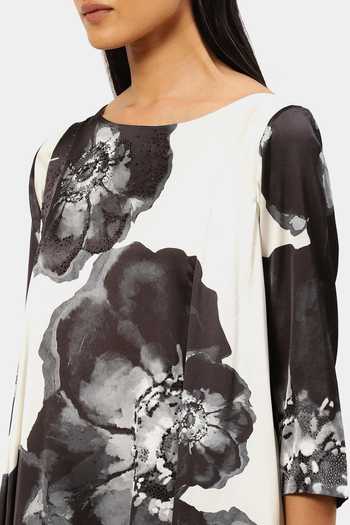 Shop_Satya Paul_White Polyester, Satin Beads Round Neck Floral Bloom Print Dress_Online_at_Aza_Fashions